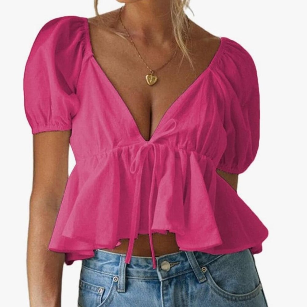 Remidoo Pink Puff Sleeve Blouse